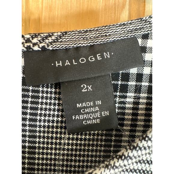 Halogen 2X Black White Plaid Houndstooth Faux Tie Waist Shirt Long Sleeve Blouse - Picture 6 of 10